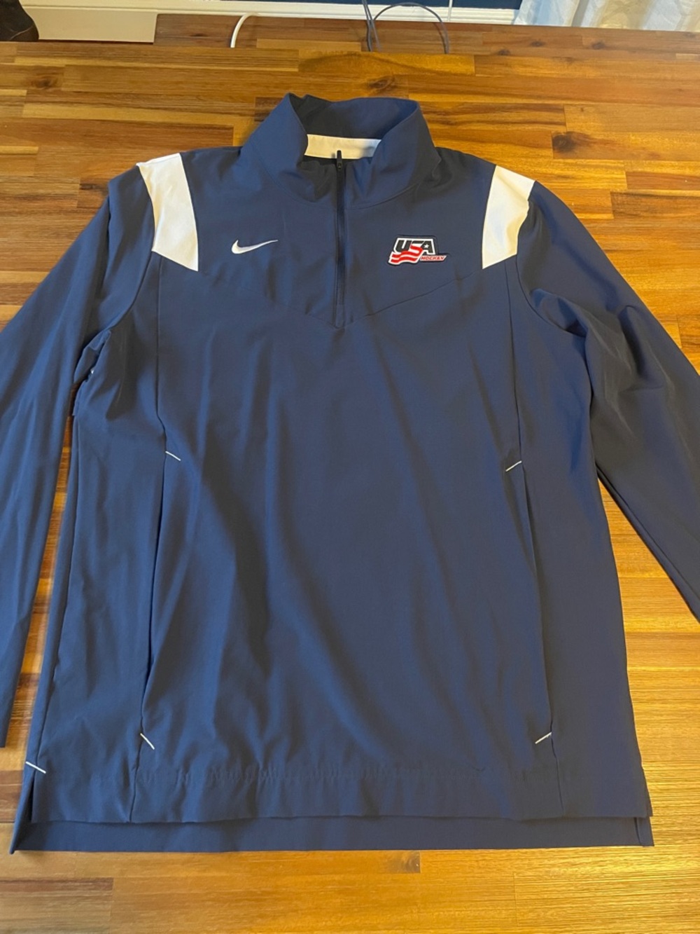 Nike Navy and White USA Hockey Quarter-Zip Pullover, wind breaker, zipper pouch